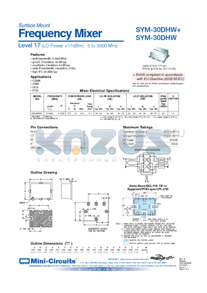 SYM-30DHW datasheet - Surface Mount Frequency Mixer - Level 17 (LO Power 17dBm) 5 to 3000 MHz