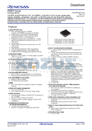 R5F562T7ADFM datasheet - 100-MHz 32-bit RX MCUs, FPU, 165 DMIPS, 12-bit ADC