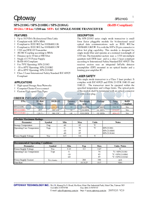 SPS-2110AG datasheet - 10 Gb/s / 10 km / 1310 nm SFP LC SINGLE-MODE TRANSCEIVER