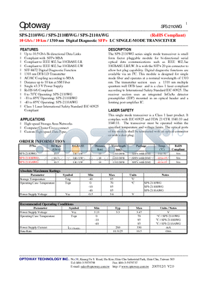 SPS-2110BWG datasheet - 10 Gb/s / 10 km / 1310 nm Digital Diagnostic SFP LC SINGLE-MODE TRANSCEIVER