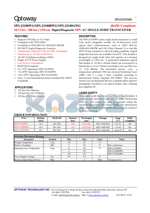 SPS-23100AWG datasheet - 10.3 Gb/s / 100 km / 1550 nm Digital Diagnostic SFP LC SINGLE-MODE TRANSCEIVER