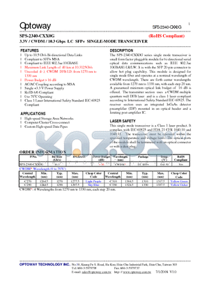 SPS-2340-CXX0G datasheet - 3.3V / CWDM/ 10.3 Gbps LC SFP SINGLE-MODE TRANSCEIVER