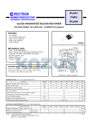 RL801 datasheet - GLASS PASSIVATED SILICON RECTIFIER (VOLTAGE RANGE 50 to 800 Volts CURRENT 8.0 Amperes)