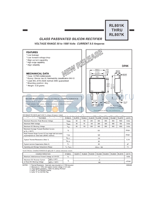 RL803K datasheet - GLASS PASSIVATED SILICON RECTIFIER VOLTAGE RANGE 50 to 1000 Volts CURRENT 8.0 Amperes