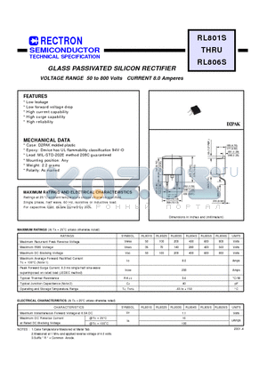 RL803S datasheet - GLASS PASSIVATED SILICON RECTIFIER (VOLTAGE RANGE 50 to 800 Volts CURRENT 8.0 Amperes)