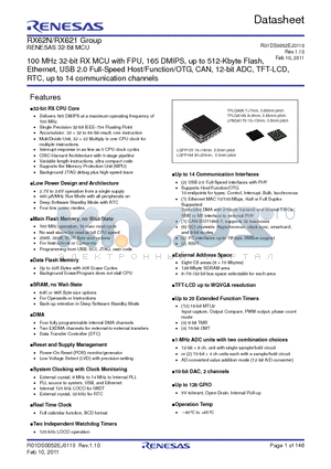 R5F56218BDLD datasheet - 100 MHz 32-bit RX MCU with FPU, 165 DMIPS, up to 512-Kbyte Flash, Ethernet, USB 2.0