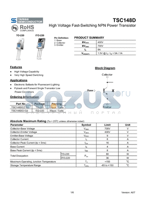 TSC148D datasheet - High Voltage Fast-Switching NPN Power Transistor