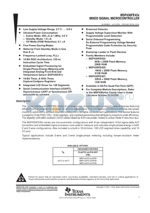 MSP430FE425 datasheet - MIXED SIGNAL MICROCONTROLLER
