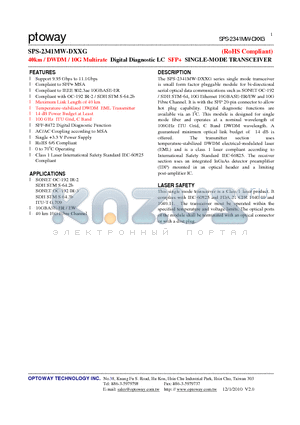 SPS-2341MW-D29G datasheet - 40km / DWDM / 10G Multirate Digital Diagnostic LC SFP SINGLE-MODE TRANSCEIVER