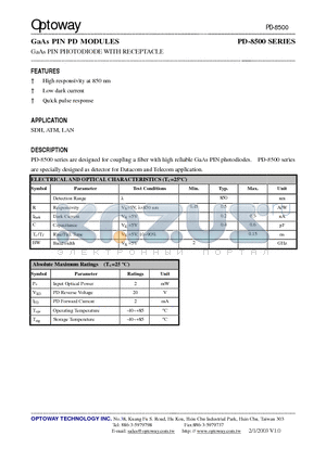 PD-1500-S datasheet - GaAs PIN PD MODULES GaAs PIN PHOTODIODE WITH RECEPTACLE