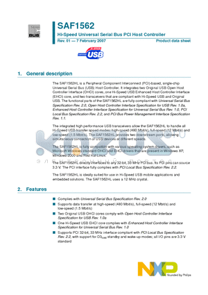 SAF1562HL datasheet - Hi-Speed Universal Serial Bus PCI Host Controller