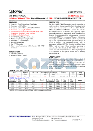 SPS-2341W-CXX0G datasheet - 10.3 Gbps / 40 km / CWDM Digital Diagnostic LC SFP SINGLE-MODE TRANSCEIVER