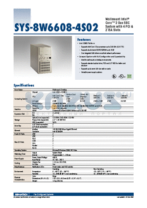SYS-8W6608-4S02 datasheet - Wallmount Intel^ Core 2 Duo SBC System with 4 PCI & 2 ISA Slots
