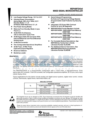 MSP430FG4260IDLR datasheet - MIXED SIGNAL MICROCONTROLLER