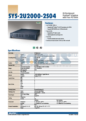 SYS-2U2000-2S04 datasheet - 2U Rackmount Pentium^ 4 System with Four PCI Slots