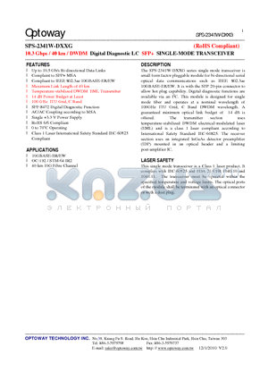 SPS-2341W-D26G datasheet - 10.3 Gbps / 40 km / DWDM Digital Diagnostic LC SFP SINGLE-MODE TRANSCEIVER