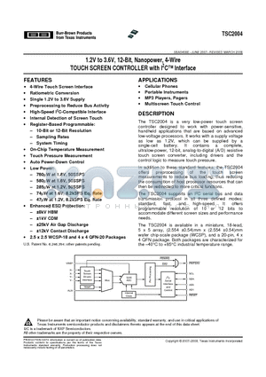 TSC2004IRTJT datasheet - 1.2V to 3.6V, 12-Bit, Nanopower, 4-Wire