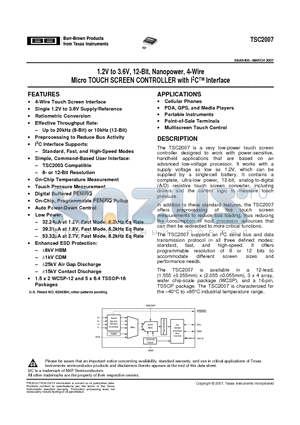 TSC2007IPWG4 datasheet - 1.2V to 3.6V, 12-Bit, Nanopower, 4-Wire Micro TOUCH SCREEN CONTROLLER with I2C Interface