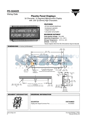 PD-32A025 datasheet - Plasma Panel Displays 32 Character, 16 Segment Alphanumeric Display with .250