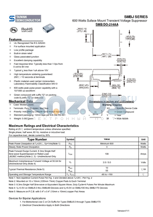SMBJ11A datasheet - 600 Watts Suface Mount Transient Voltage Suppressor