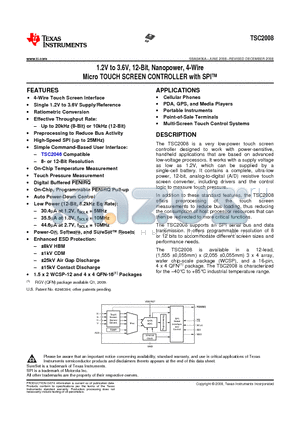 TSC2008RGVT datasheet - 1.2V to 3.6V, 12-Bit, Nanopower, 4-Wire Micro TOUCH SCREEN CONTROLLER with SPI