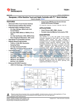 TSC2011IYZKT datasheet - Nanopower, 4-Wire Resistive Touch and Haptic Controller with I2C Serial Interface