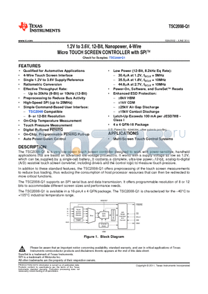 TSC2008TRGVRQ1 datasheet - 1.2V to 3.6V, 12-Bit, Nanopower, 4-Wire Micro TOUCH SCREEN CONTROLLER with SPI