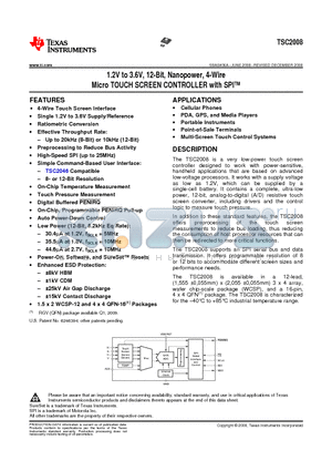 TSC2008I datasheet - 1.2V to 3.6V, 12-Bit, Nanopower, 4-Wire Micro TOUCH SCREEN CONTROLLER with SPI