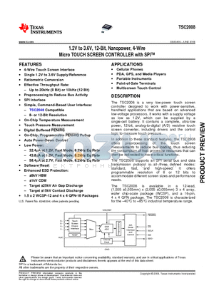 TSC2008IRGVR datasheet - 1.2V to 3.6V, 12-Bit, Nanopower, 4-Wire Micro TOUCH SCREEN CONTROLLER with SPI