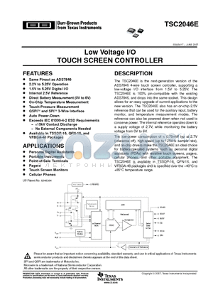TSC2046EIRGVT datasheet - Low Voltage I/O TOUCH SCREEN CONTROLLER