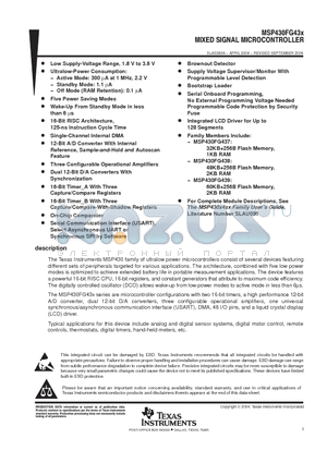 MSP430FG439 datasheet - MIXED SIGNAL MICROCONTROLLER