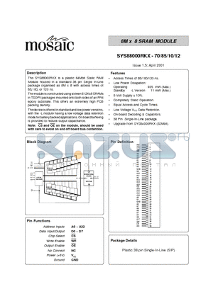 SYS88000RKXI-10 datasheet - 8M x 8 SRAM MODULE