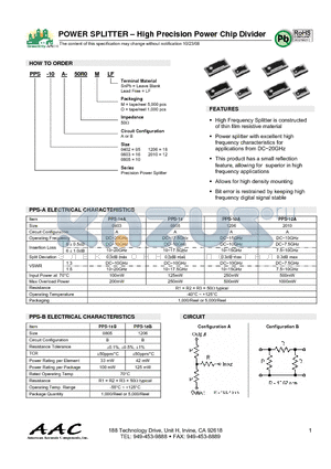 PPS-10A-50R0O datasheet - POWER SPLITTER - High Precision Power Chip Divider