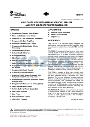 TSC2101 datasheet - AUDIO CODEC WITH INTEGRATED HEADPHONE, SPEAKER AMPLIFIER AND TOUCH SCREEN CONTROLLER