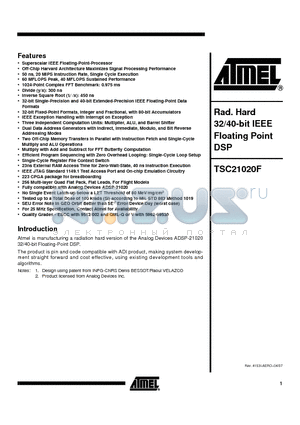 TSC21020F-20MC-E datasheet - Rad. Hard 32/40-bit IEEE Floating Point DSP