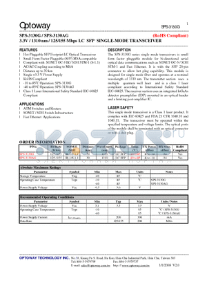 SPS-3130G_08 datasheet - 3.3V / 1310 nm / 125/155 Mbps LC SFP SINGLE-MODE TRANSCEIVER