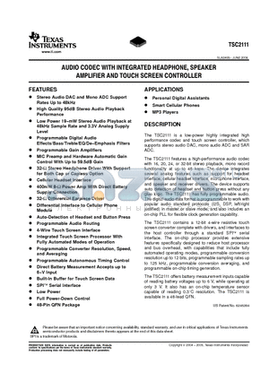 TSC2111IRGZT datasheet - AUDIO CODEC WITH INTERGRATED HEADPHONE, SPEAKER AMPLIFIER AND TOUCH SCREEN CONTROLLER