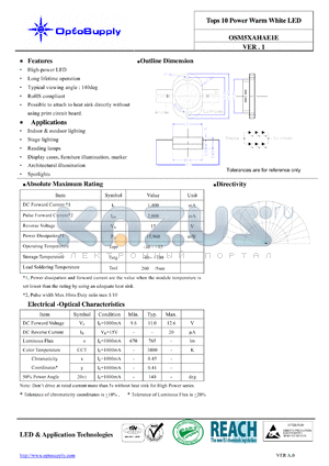 OSM5XAHAE1E datasheet - Tops 10 Power Warm White LED Typical viewing angle : 140deg RoHS compliant