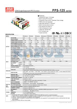 PPS-125-5 datasheet - 125W Single Output with PFC Function