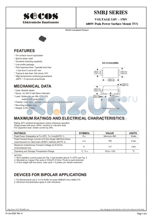 SMBJ120CA datasheet - 600W Peak Power Surface Mount TVS