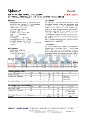 SPS-33100G_08 datasheet - 3.3V / 1550 nm / 155 Mbps LC SFP SINGLE-MODE TRANSCEIVER