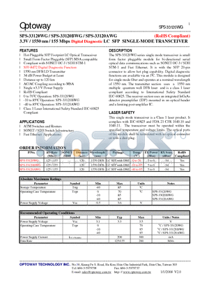 SPS-33120AWG datasheet - 3.3V / 1550 nm / 155 Mbps Digital Diagnostic LC SFP SINGLE-MODE TRANSCEIVER
