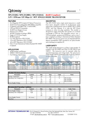 SPS-33120AG datasheet - 3.3V / 1550 nm / 155 Mbps LC SFP SINGLE-MODE TRANSCEIVER