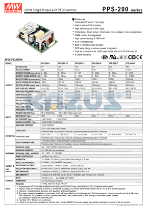 PPS-200-15 datasheet - 200W Single Output with PFC Function