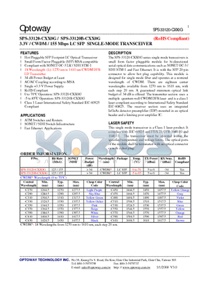 SPS-33120B-CXX0G datasheet - 3.3V / CWDM / 155 Mbps LC SFP SINGLE-MODE TRANSCEIVER