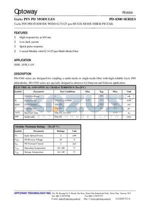 PD-8310-HS datasheet - GaAs PIN PD MODULES GaAs PIN PHOTODIODE WITH 62.5/125 lm MULTI-MODE FIBER PIGTAIL