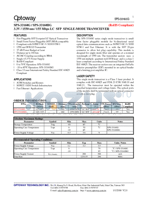 SPS-33160BG datasheet - 3.3V / 1550 nm / 155 Mbps LC SFP SINGLE-MODE TRANSCEIVER