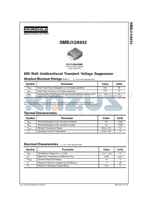 SMBJ12A933 datasheet - 600 Watt Unidirectional Transient Voltage Suppressor