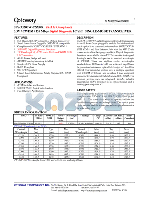 SPS-33200W-CXX0G datasheet - 3.3V / CWDM / 155 Mbps Digital Diagnostic LC SFP SINGLE-MODE TRANSCEIVER