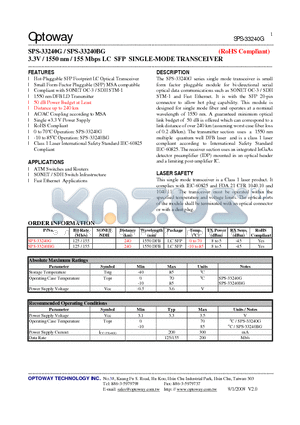 SPS-33240G datasheet - 3.3V / 1550 nm / 155 Mbps LC SFP SINGLE-MODE TRANSCEIVER